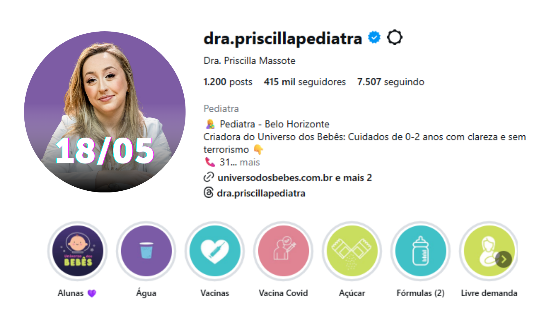 Perfil do Instagram da Dra. Priscilla Massote — @dra.priscillapediatra
